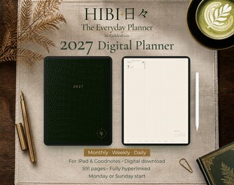 Planner Digital 2027 para Goodnotes, Planner Minimalista Quadriculado para iPad, Horário Semanal e Diário, HIBI Everyday