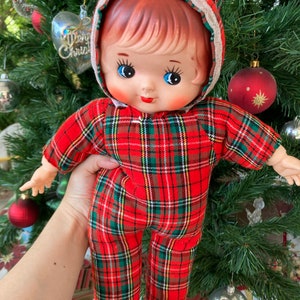 Cute Japanese vintage Red Tartan Baby Girl Doll / rubber face plush toy from Japan