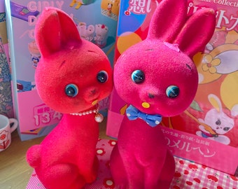 Cute Vintage Showa 1960s Pink Bunny Flocked Plaster Ceramic Rabbit