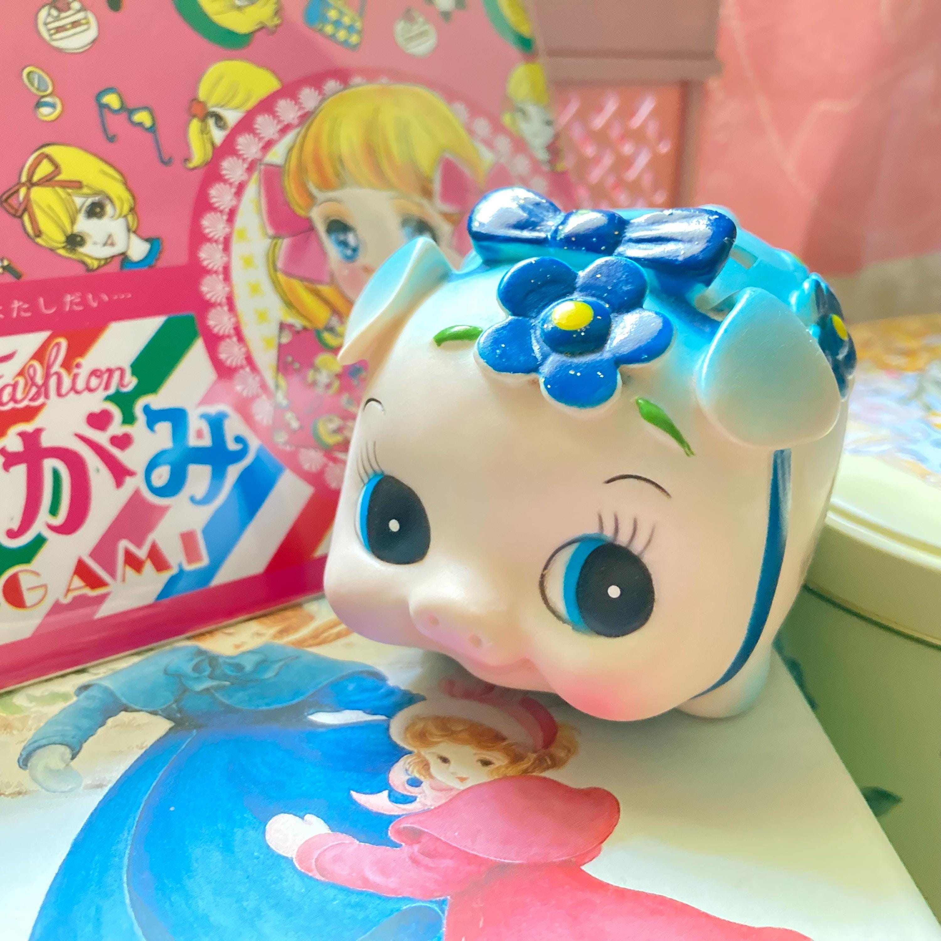 Cute Japanese vintage Blue Chubby Piggy Bank / coin bank / kitschy soft vinyl or hard rubber figure figurine from Japan