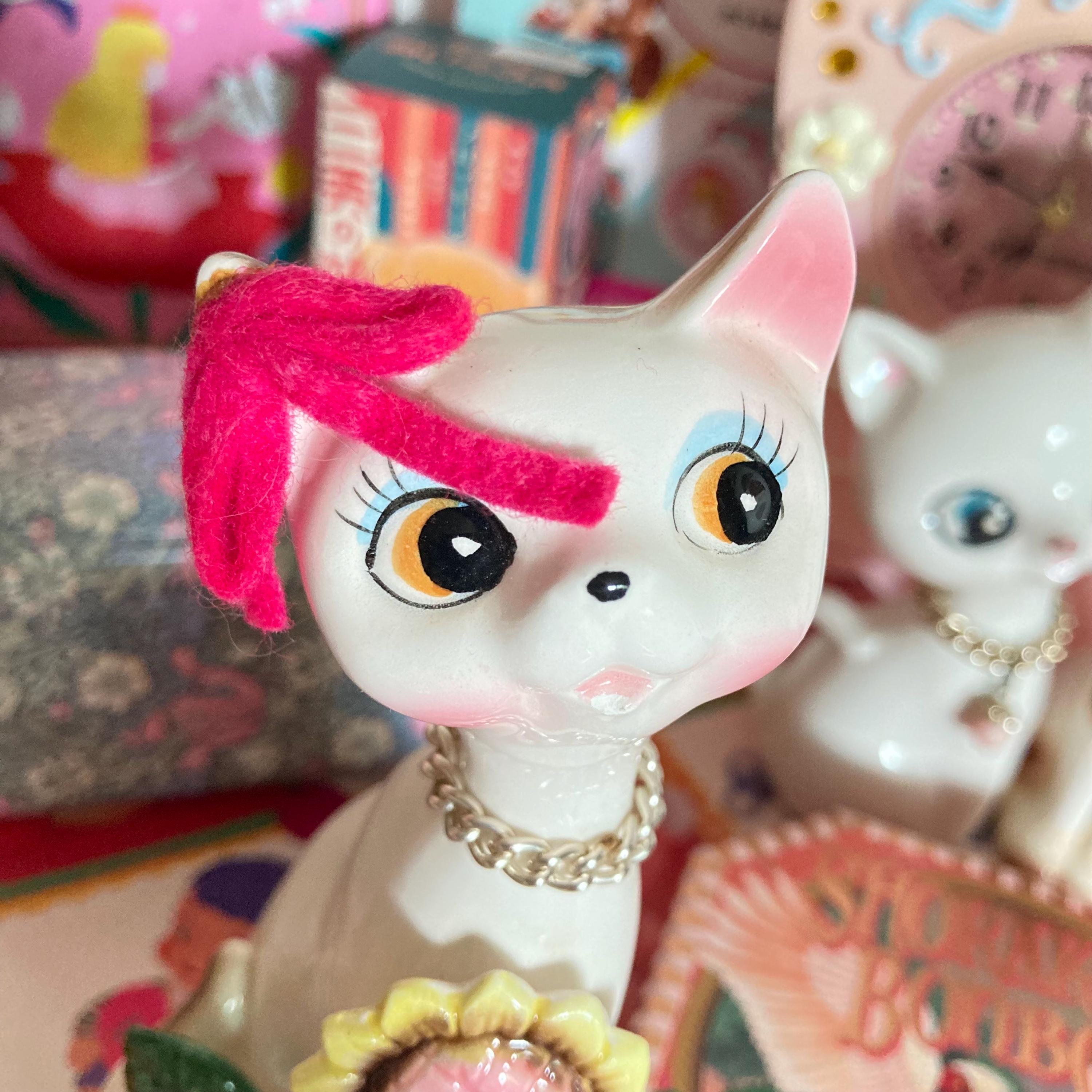 Cute Vintage 1960s White Kitty Cat OR Brown Fur Cat With Chain
