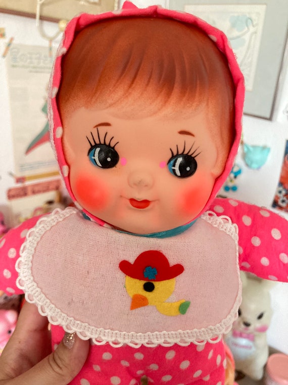 Cute Japanese Vintage Pink Polka Dot Baby Doll / Rubber Face Plush