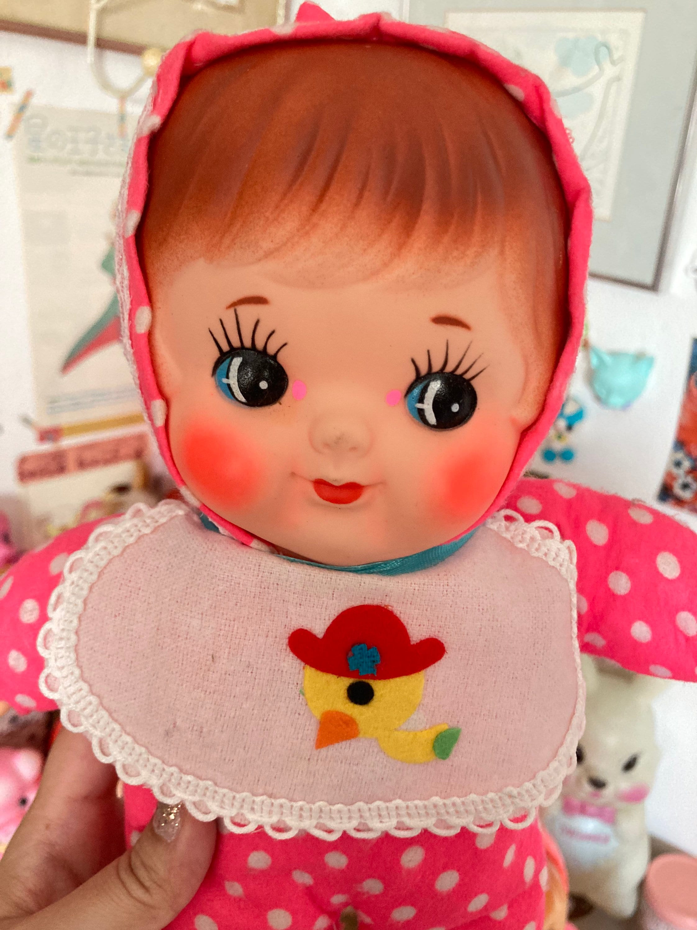 Cute Japanese Vintage Pink Polka Dot Baby Doll / Rubber Face Plush