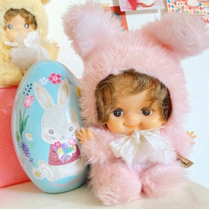 Cute Japanese vintage retro Pink Bunny Rabbit Hood Girl rubber face plush / soft vinyl doll toy by Sekiguchi from Japan