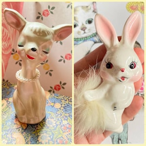 Cute Japanese vintage 60s-70s Little Fluffy Bunny with fur hair OR Pearly Bambi Deer ceramic figure figurine from Japan : pick one