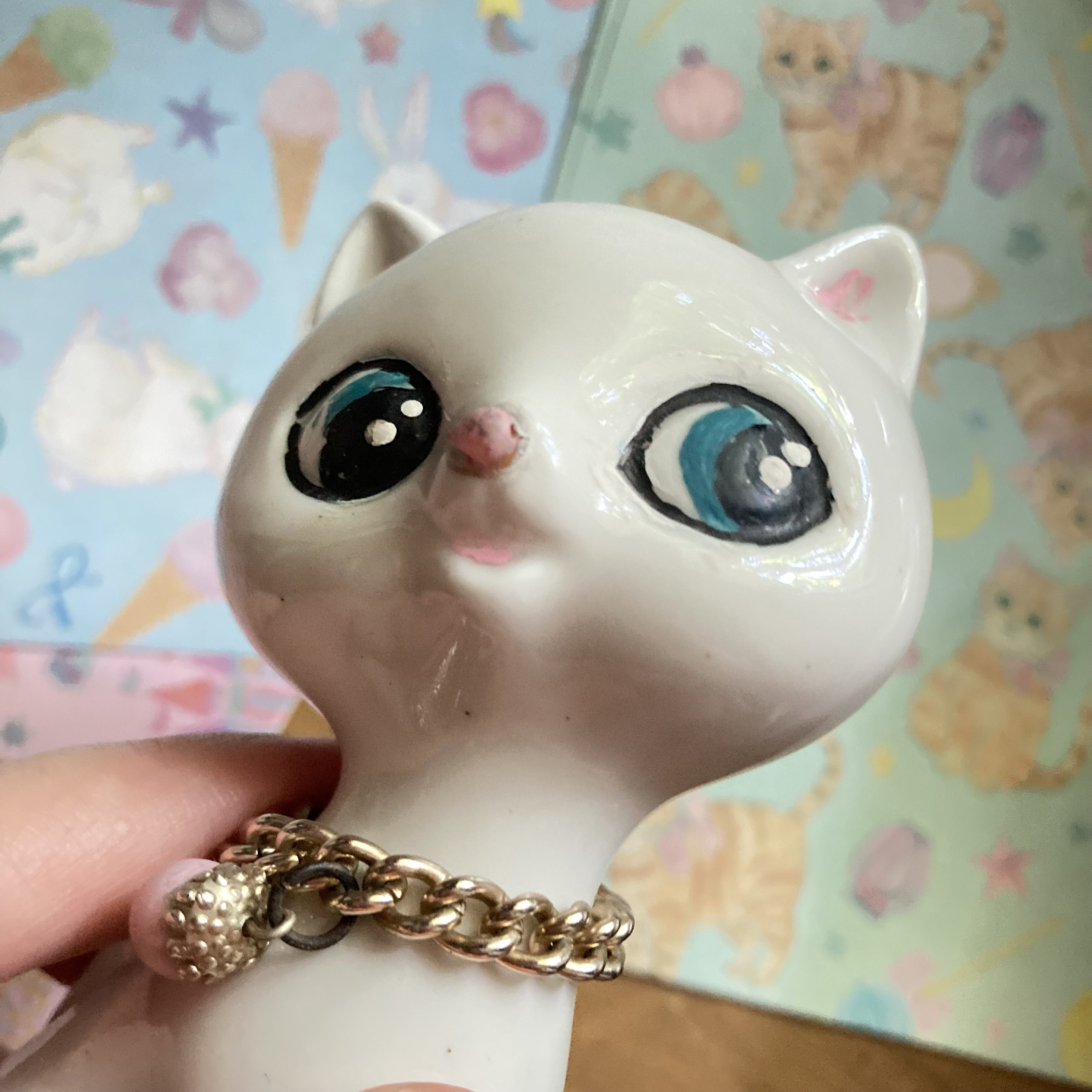 Cute Vintage 1960s White Kitty Cat OR Brown Fur Cat With Chain