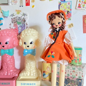 Cute vintage Orange Dress Girl Pose Doll / Retro Showa Big Eyed Kitschy Big Eyes doll from Japan 1960s
