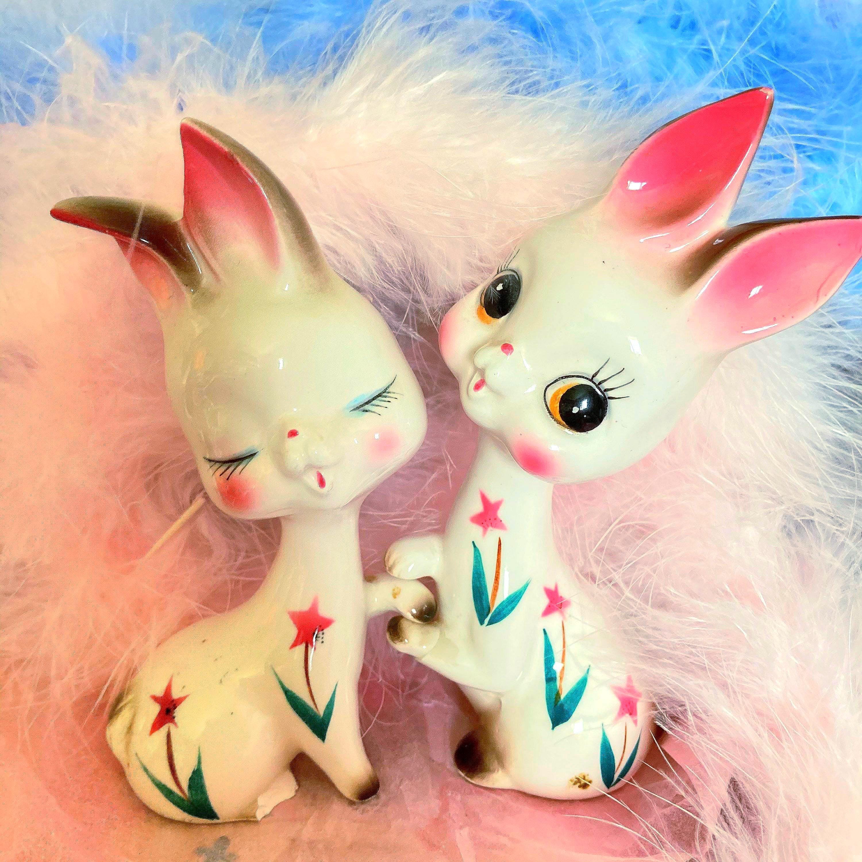 SALE Cute Vintage 1960s Holding Hand Bunny Pair Big Eyed Rabbit