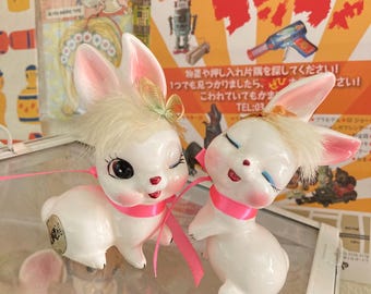 Cute Vintage 1960s Sweet Big Eyed White Fur Bunny Rabbit Ceramic