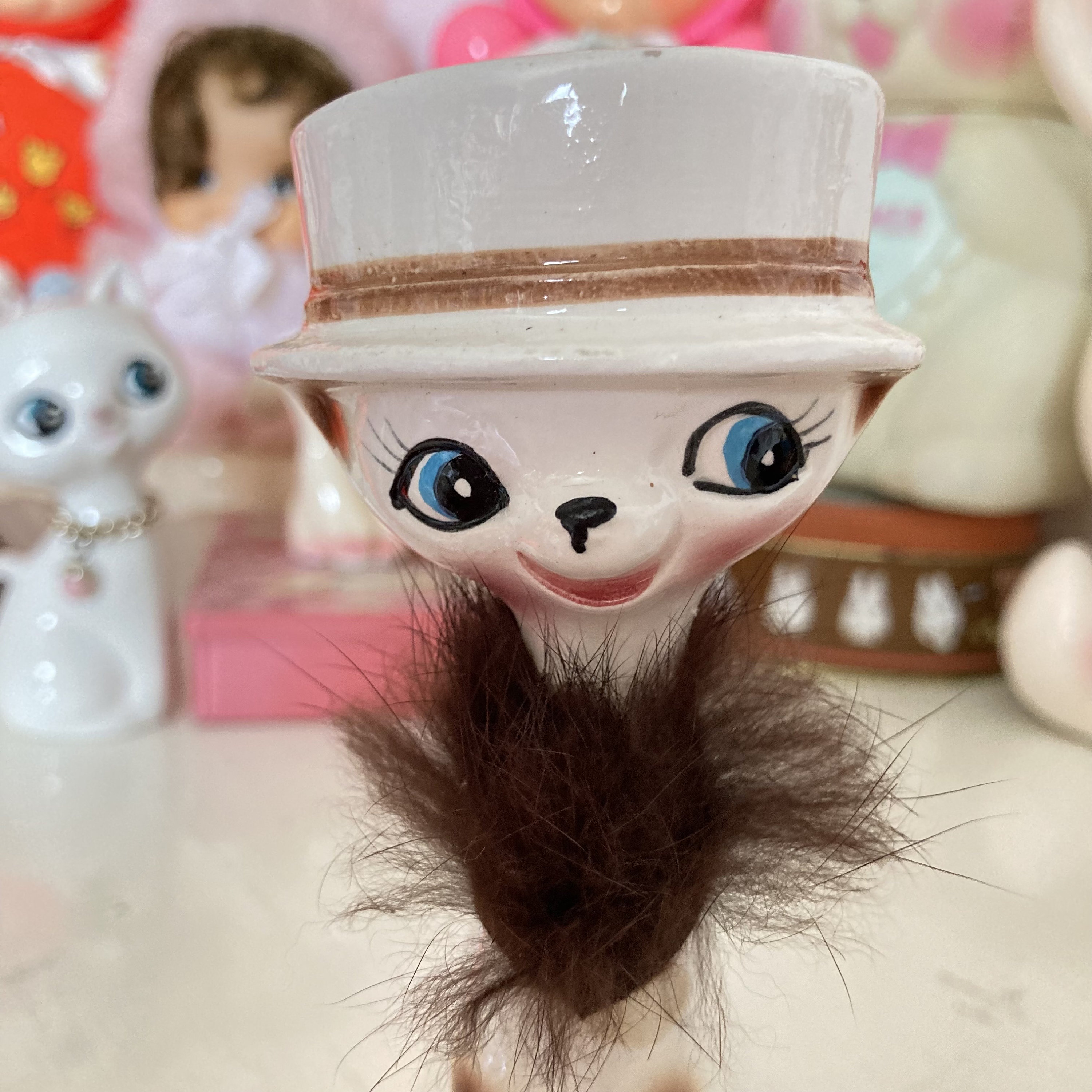 Cute Vintage 1960s White Kitty Cat OR Brown Fur Cat With Chain