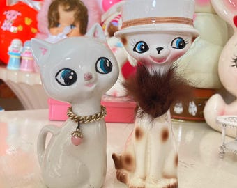 Cute Vintage 1960s White Kitty Cat OR Brown Fur Cat With Chain