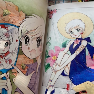 May include: A colorful illustration from a coloring book featuring a young person with white hair. The person is wearing a blue dress and a wide-brimmed hat, surrounded by pink flowers. A mirror shows a reflection of the person.