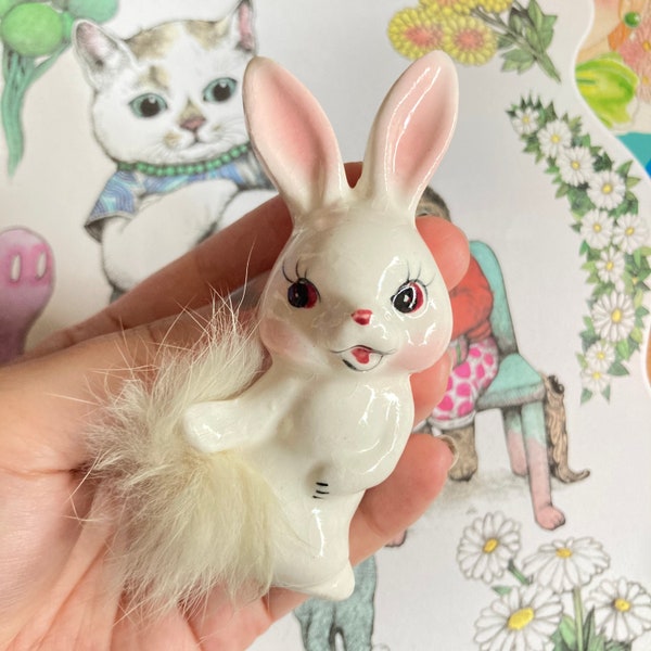 Cute Japanese vintage 60s-70s Little Fluffy Bunny with fur hair ceramic figure figurine from Japan