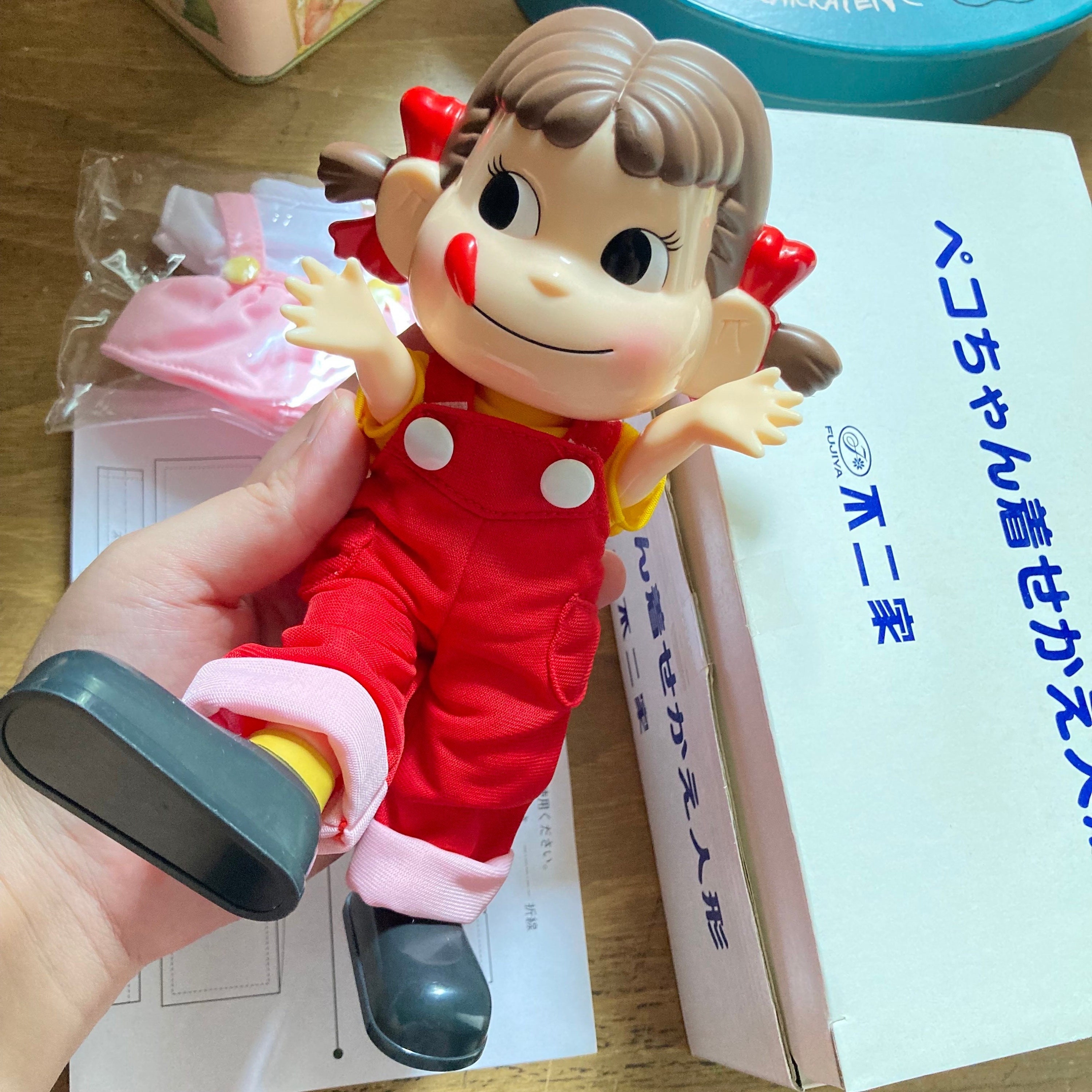 Cute Milky Peko Chan Dress up Doll Toy Red Overalls and Pink Dress