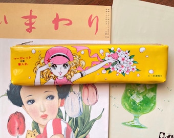 Estuche para lápices Kawaii de los años 80 con diseño de chica de ojos grandes, estilo vintage japonés Shojo Macoto Takahashi, papelería de anime y manga.