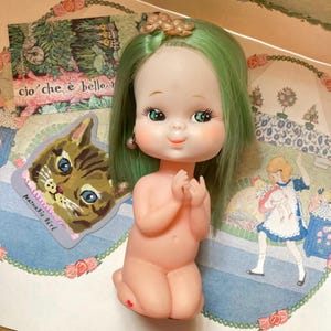 Cute vintage retro Maria Chan Green Hair Angel Girl rubber Shiba doll kitschy toy from Japan Showa era 1960s by Takara