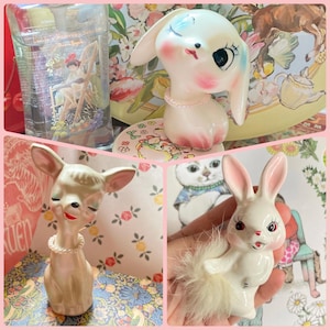 Bonita figura de cerámica japonesa vintage de los años 60 con forma de conejito de cola de pelo o ciervo Bambi perlado, Japón: elige una