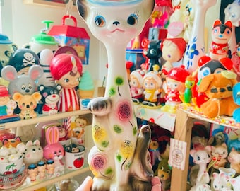 USA Vintage 1950s 陶器製の人形 ミッドセンチュリー 置物 ヴィンテージの手描き陶器の長い首の猫 - イタリア製、ミッド