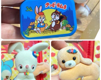 Cute miniature Kuppy Ramune bunny squrrel sweets mascot luggage bag toy OR flocked Showa Rabbit OR Dog from Japan : choose one