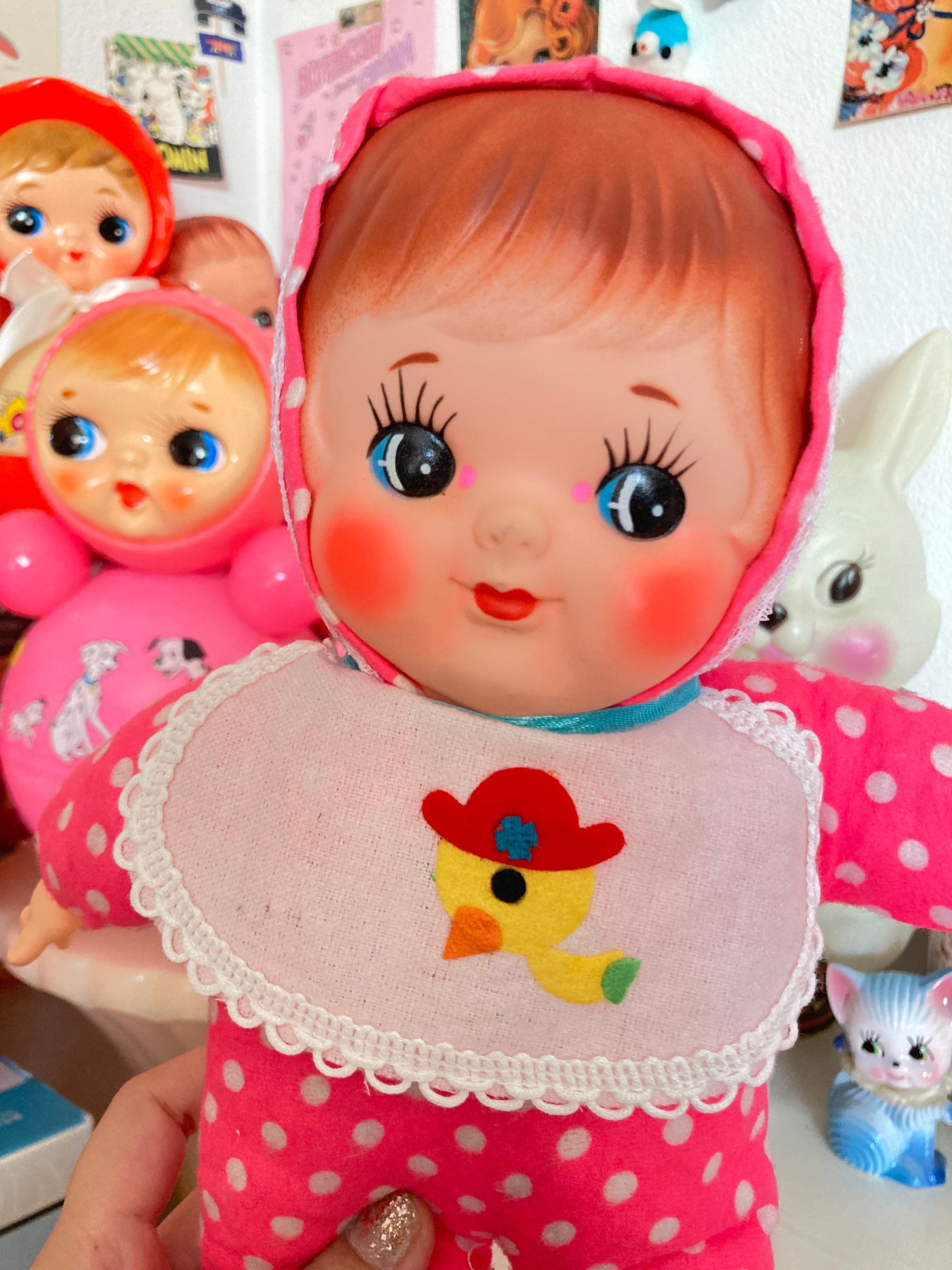 Cute Japanese Vintage Pink Polka Dot Baby Doll / Rubber Face Plush