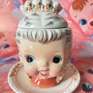 Cute vintage ceramic sweets jar sugar pot Granny Miss Cutie Pie Girl by Napco Japan midcentury 1950s