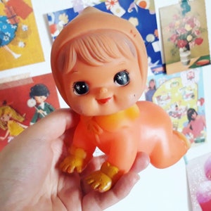 Cute vintage Orange & Yellow Baby crawling rubber doll (orange lips)  / retro kitschy squeaky toy