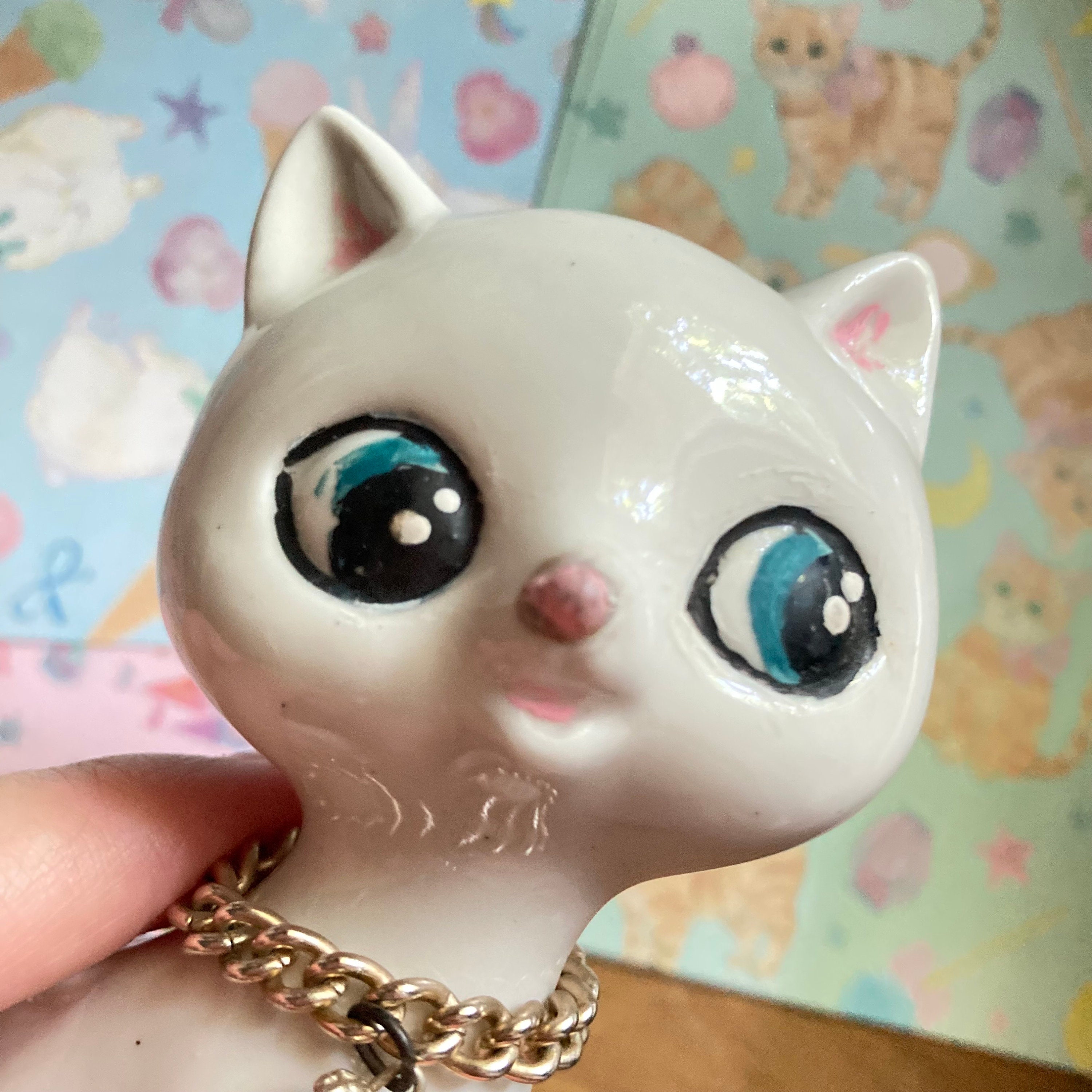 Cute Vintage 1960s White Kitty Cat OR Brown Fur Cat With Chain