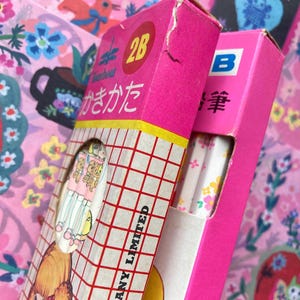 Puede incluir: Dos cajas de l&aacute;pices, una rosa brillante y otra magenta, con texto e ilustraciones japonesas. Las cajas est&aacute;n sobre un fondo floral rosa. Una caja est&aacute; etiquetada como "2B" y la otra como "B". Los l&aacute;pices del interior son visibles.