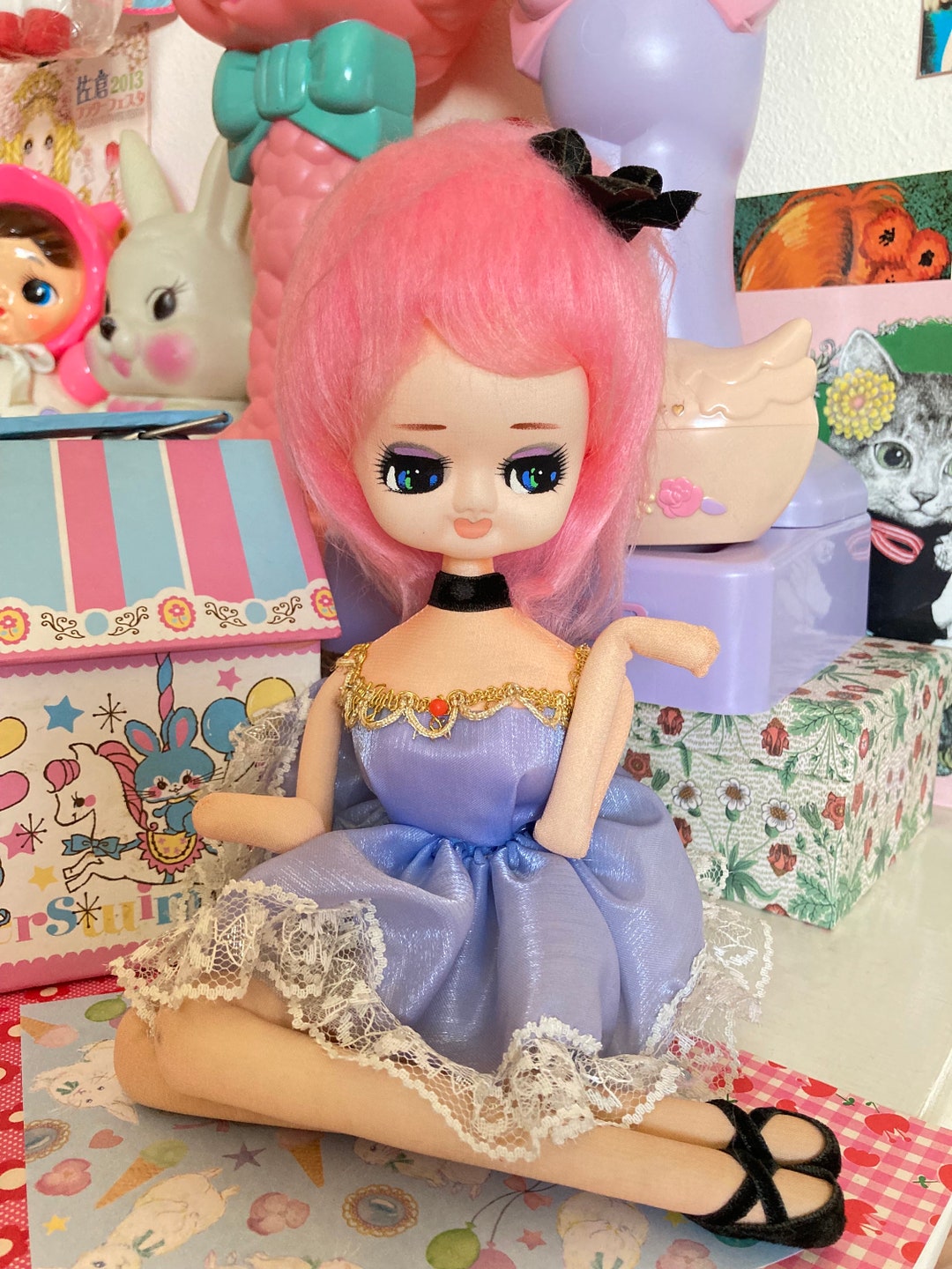Cute Japanese Vintage Pink Hair Big Eyes Girl Purple Dress Etsy