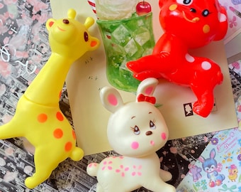 Cute retro rubber bunny rabbit, puppy dog or giraffe squeaky toy by Kodama from Japan