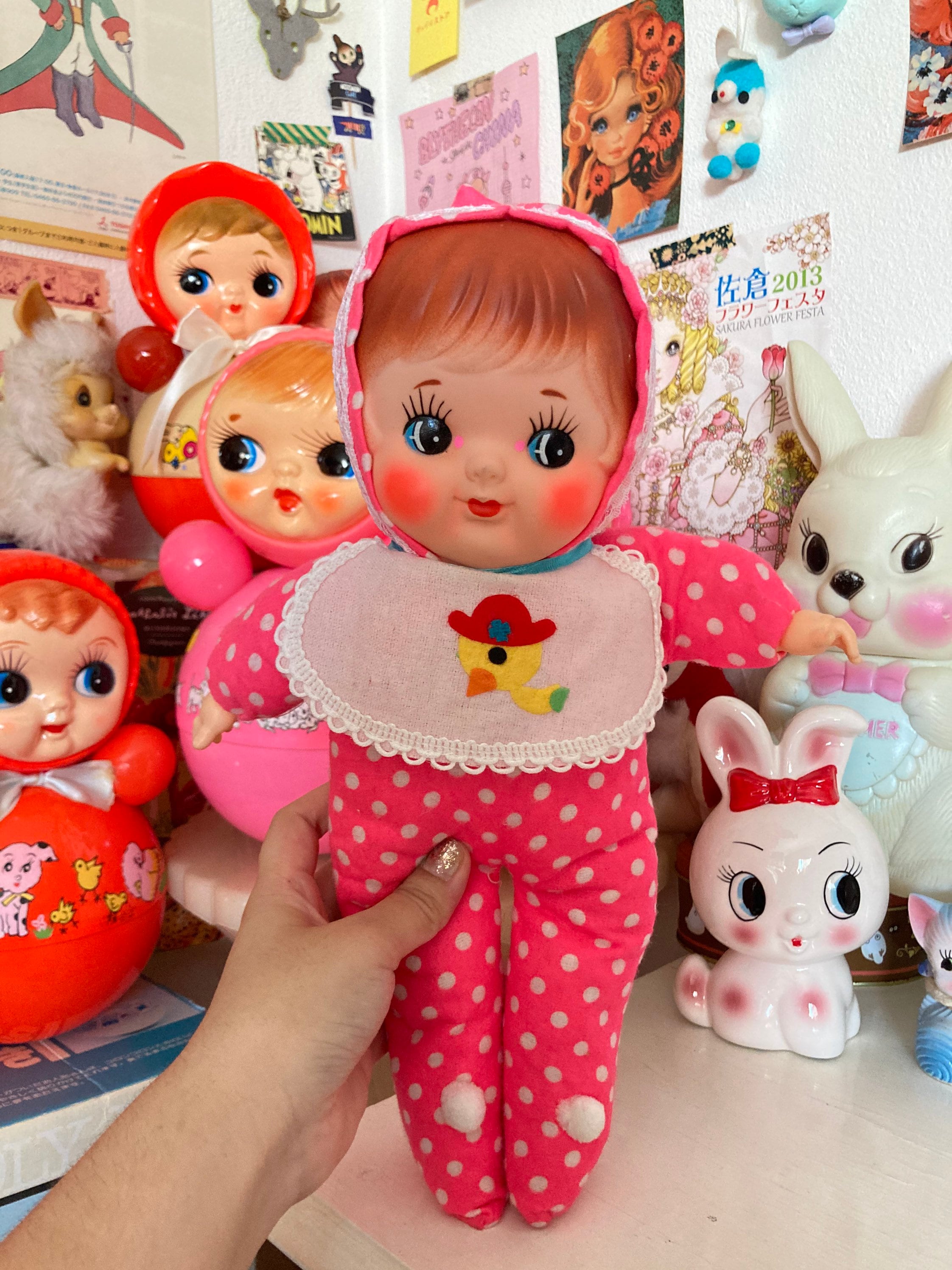 Cute Japanese Vintage Pink Polka Dot Baby Doll / Rubber Face