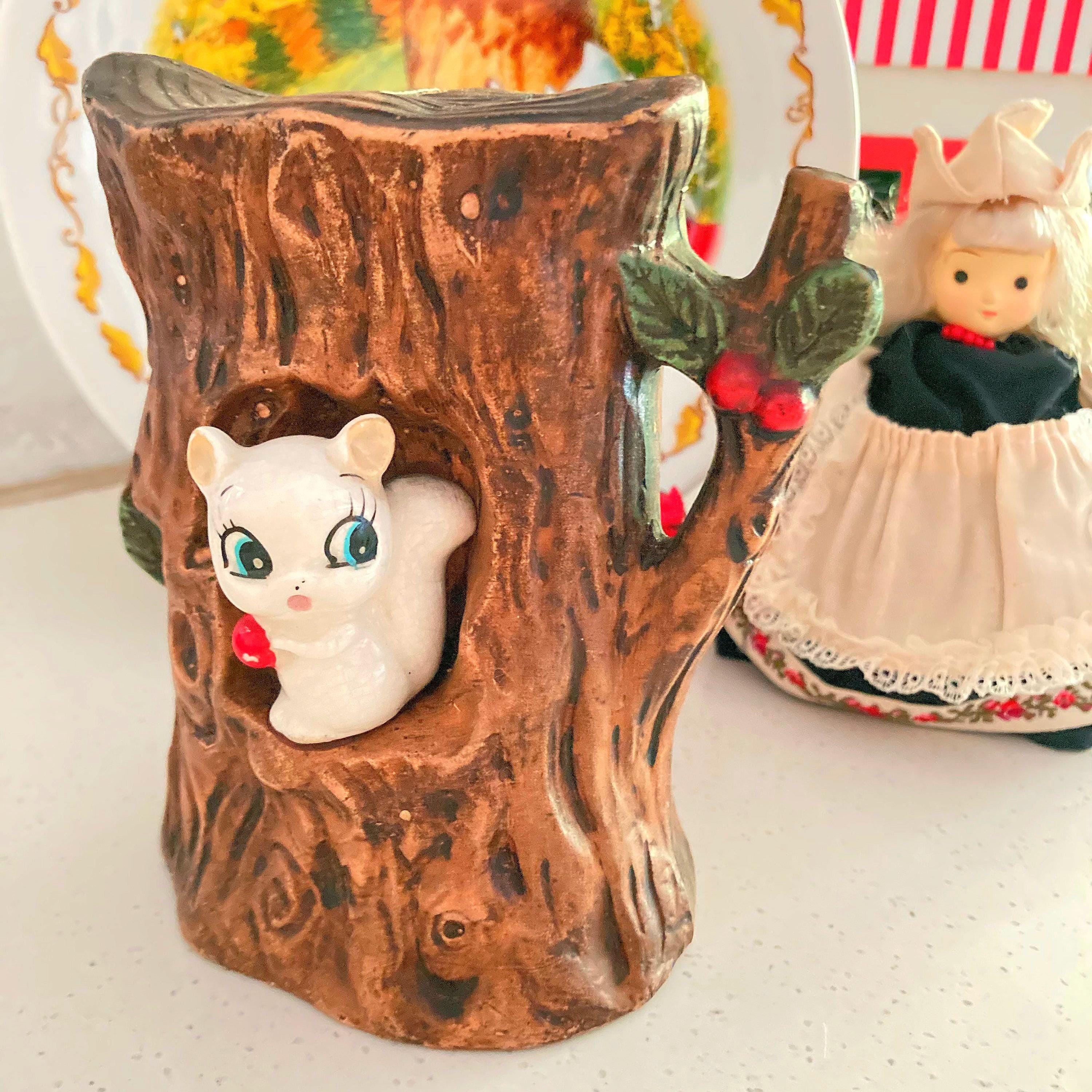 Cute Vintage 1960s Big Eye Squirrel in A Tree House Ceramic