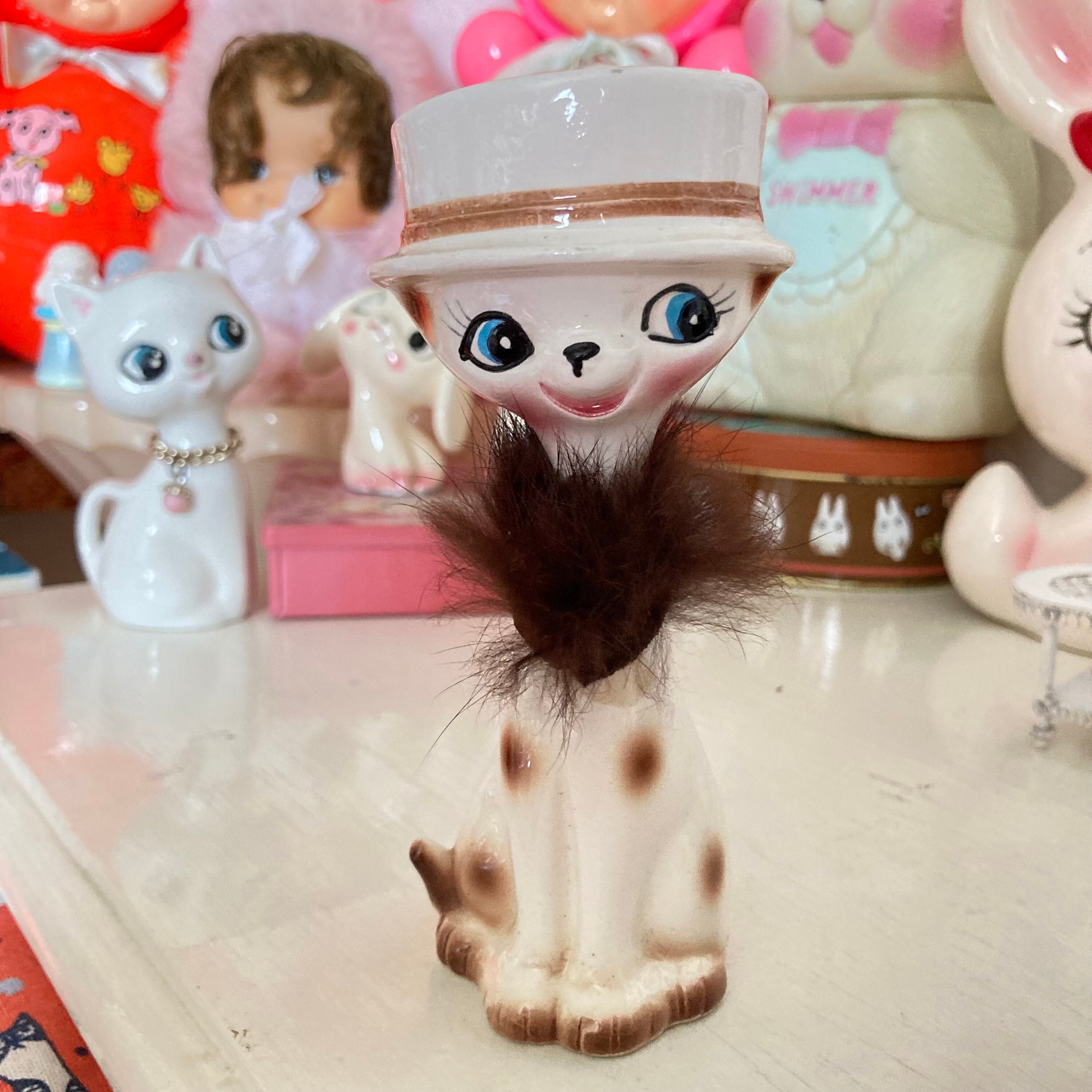 Cute Vintage 1960s White Kitty Cat OR Brown Fur Cat With Chain