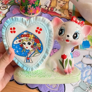 Schattige Japanse vintage kitscherige kitscherige Kitty Big Sweet Eyed kattenvaasbak keramiek uit Japan jaren 60