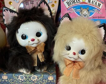 Cute Vintage 1950s-1960s Black or White Furry Ceramic Cat Figurine