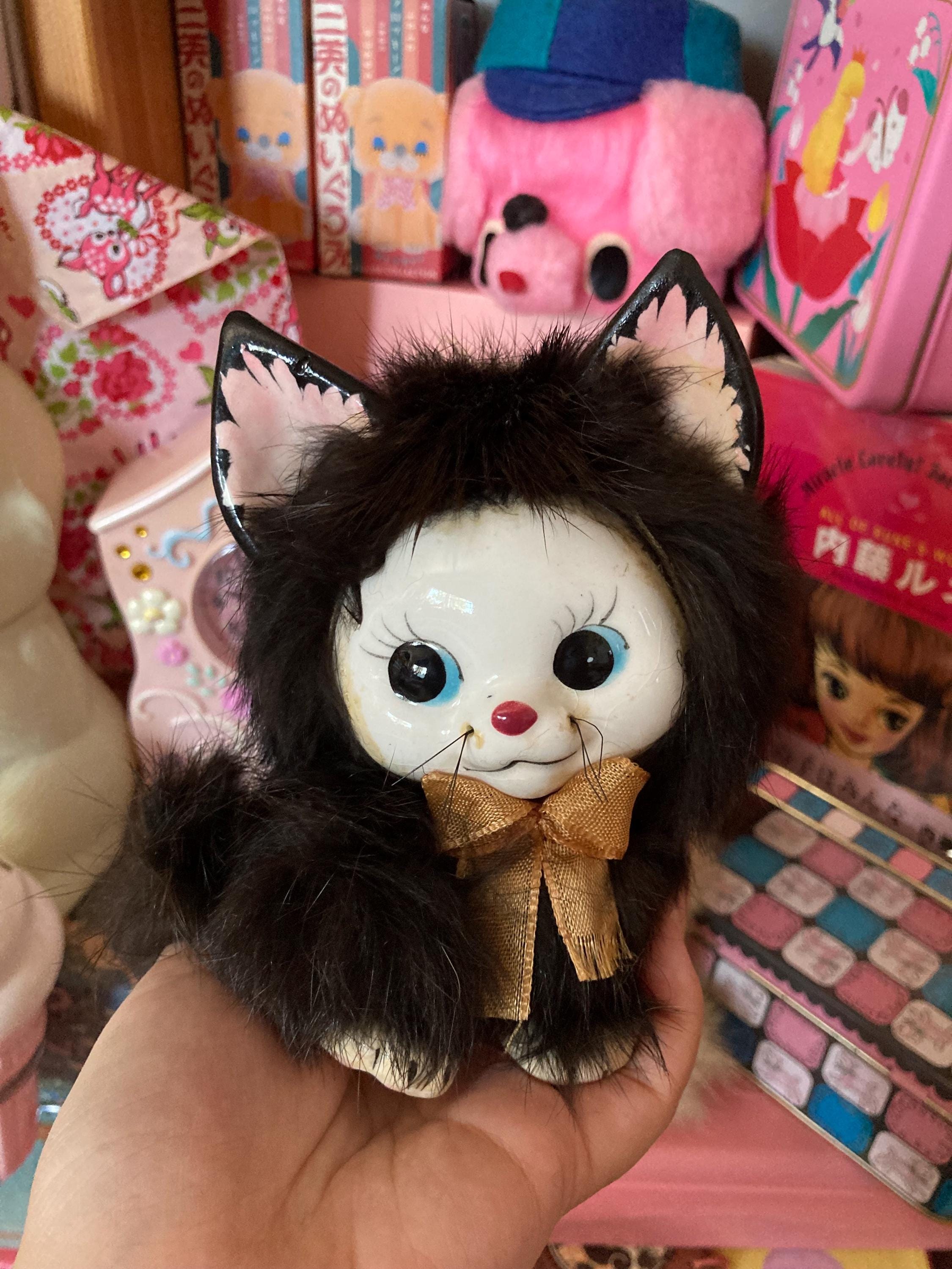 Cute Vintage 1950s-1960s Black or White Furry Ceramic Cat Figurine