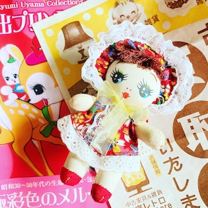 Cute small Japanese Red Floral Bunka baby doll / fabric face with big eyes and cloth body by Sekiguchi