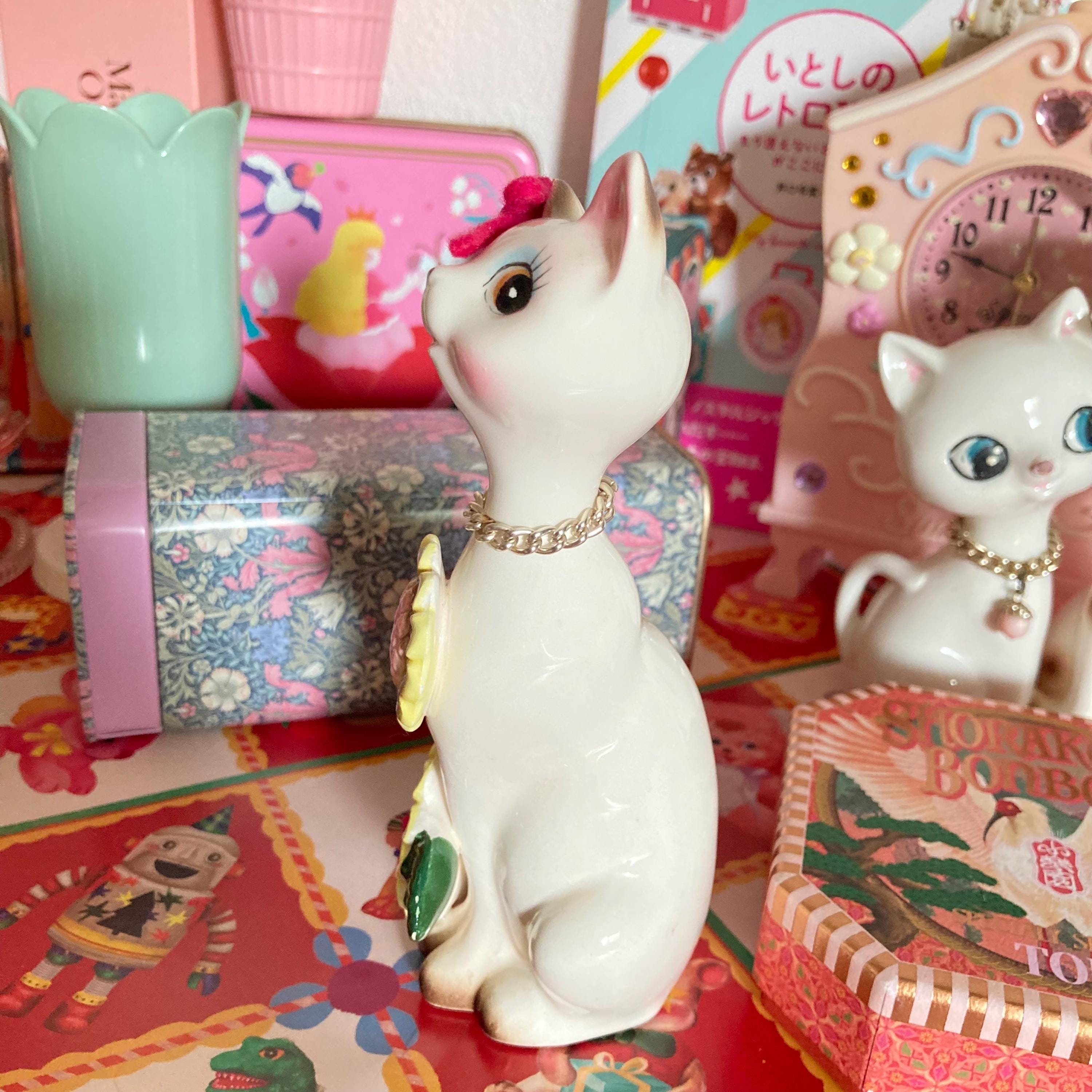 Cute Vintage 1960s White Kitty Cat OR Brown Fur Cat With Chain