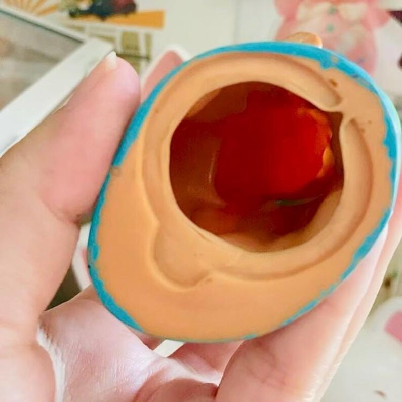 May include: A colourful, hollow, egg-shaped object with a blue rim and a tan exterior. The interior is a vibrant red. The object is held in a person's hand.