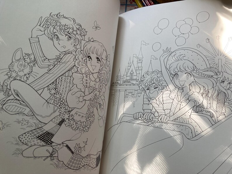 May include: Two-page spread from a coloring book featuring detailed line art illustrations. One page shows two people with flower garlands and a cat. The other page depicts a group of people on a roller coaster with a castle in the background.