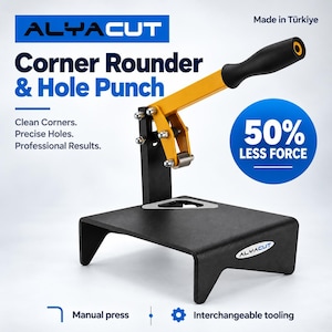 May include: A black and yellow Alyacut corner rounder and hole punch manual press. The device features a black base, a yellow lever with a black handle, and metal components. Text includes "ALYACUT", "Corner Rounder & Hole Punch", "50% LESS FORCE".