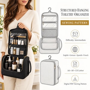 May include: A black hanging toiletry organiser sewing pattern featuring a structured design with multiple clear and mesh interior pockets, a top hook, and a side handle. The digital PDF includes instructions in English, German, Spanish, and French.