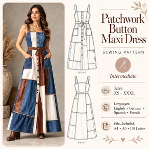 Puede incluir: Un patrón de costura para vestido largo de patchwork con botones frontales, escote cuadrado y dos bolsillos. La prenda está confeccionada con paneles de mezclilla azul, tela blanca y marrón. Incluye dibujos técnicos de las vistas frontal y trasera.