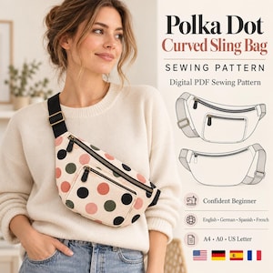 Puede incluir: Un patrón de costura digital en PDF para un bolso bandolera curvo de lunares. La imagen muestra un bolso beige con lunares negros, verde oliva y rosa empolvado, con correa negra, cremalleras y bolsillo frontal. Incluye dibujos técnicos de líneas.