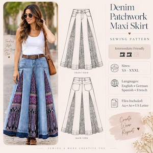 May include: A sewing pattern for a denim patchwork maxi skirt featuring a front and back technical drawing. The design includes light blue denim panels alternating with dark purple and black paisley patterned fabric inserts in a floor-length cut.