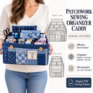 May include: A patchwork sewing organizer caddy sewing pattern featuring a blue fabric storage box with multiple compartments, filled with sewing supplies. The text reads Patchwork Sewing Organizer Caddy, Handmade with Love, and Digital PDF Sewing Pattern.