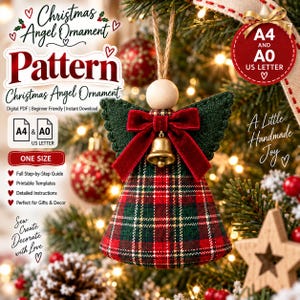 May include: A digital PDF sewing pattern for a Christmas angel ornament. The design features a plaid fabric body in red, green, and gold, dark green felt wings, a wooden bead head, and a red velvet bow with a small gold metal bell attached.