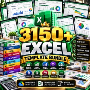 May include: A digital product bundle featuring the text 3150+ EXCEL TEMPLATE BUNDLE with a gold crown icon. The display includes various spreadsheet dashboards, a stack of colourful binders, circular category icons, and a white mug with an Excel logo.