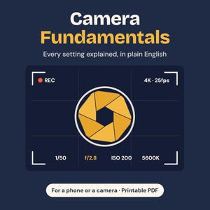 May include: A dark blue graphic featuring the text Camera Fundamentals and Every setting explained, in plain English. A central yellow camera aperture icon is surrounded by camera settings including REC, 4K 25fps, 1/50, f/2.8, ISO 200, 5600K, and a button labeled For a phone or a camera Printable PDF.