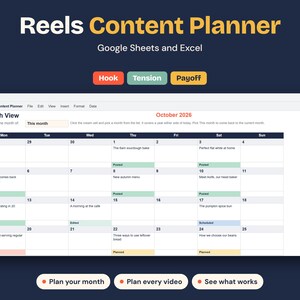 May include: A digital Reels Content Planner for Google Sheets and Excel featuring a month view calendar for October 2026. The interface includes color-coded labels for Hook, Tension, and Payoff, with buttons for planning months, videos, and tracking performance.